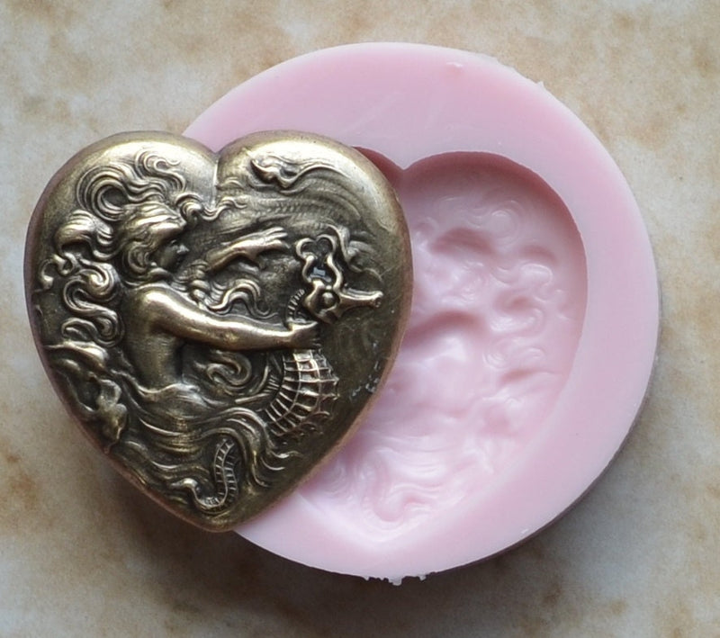 Mermaid Sea Horse Hart Flexible Silicone Mold, Molds, Silcone, Beach, Ocean, Crafts, Jewelry, Scrapbook, Resin, Clay G236-18