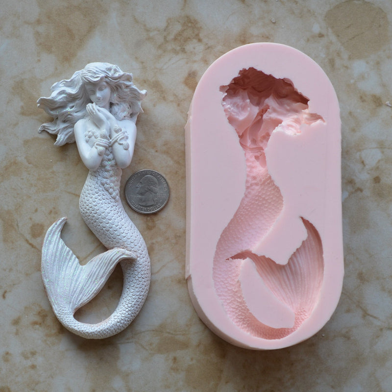 Mermaid Large 5-1/2" silicone mold, Mermaid, Mermaids, aquatic creature, Shipwrecks, Folklore, Fairy tales, Clay mold, Nautical mold, N353