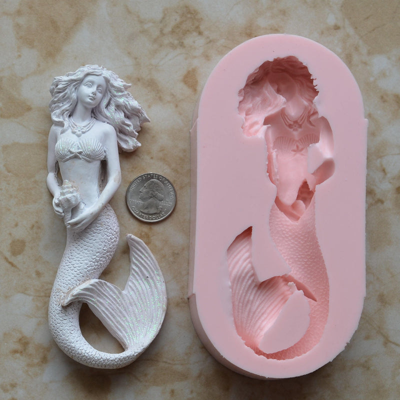 Mermaid Large 5-1/2" silicone mold, Mermaid, Mermaids, aquatic creature, Shipwrecks, Folklore, Fairy tales, Clay mold, Nautical mold, N350